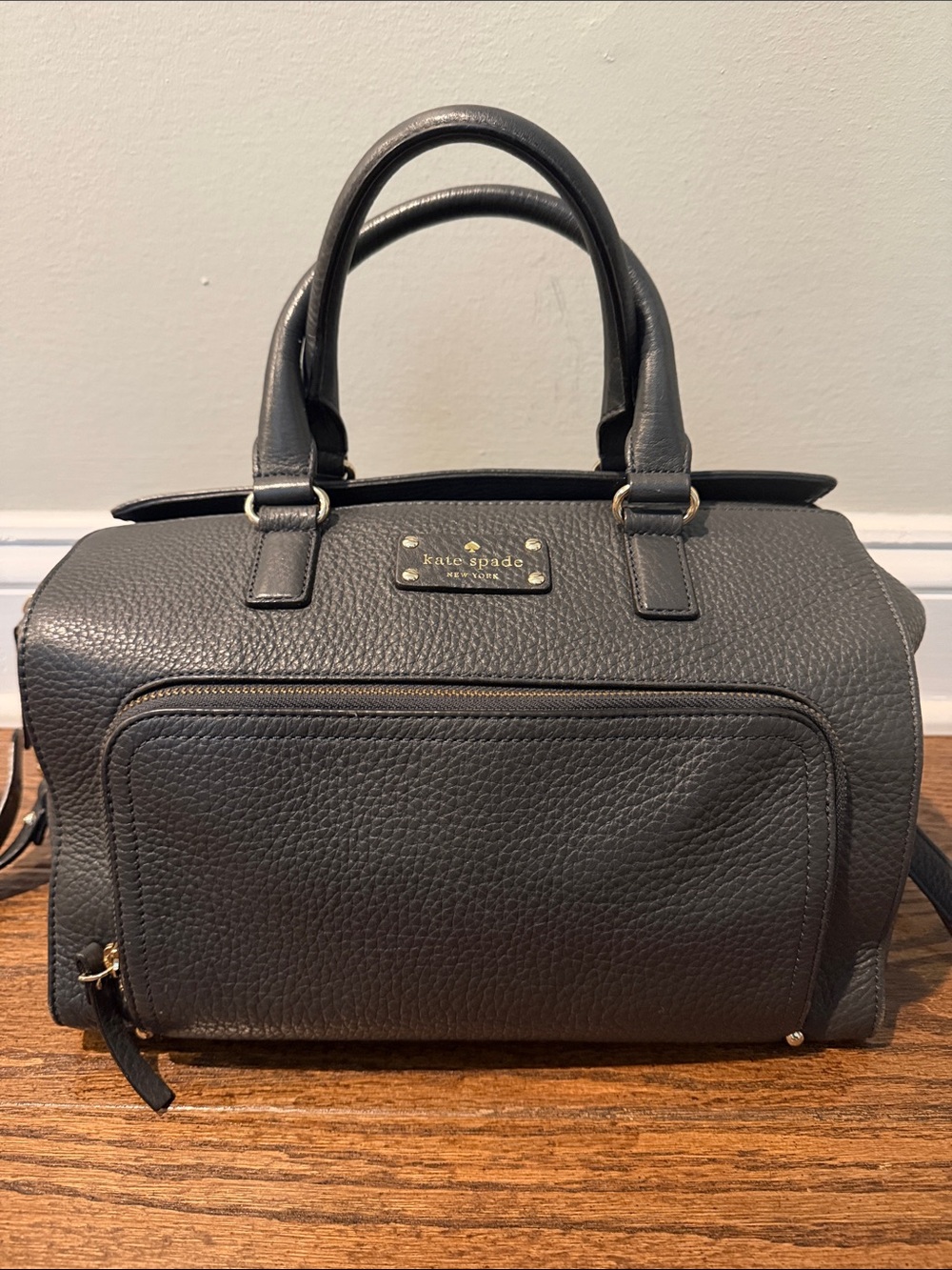 Kate Spade Navy Textured Leather Satchel with Front Zip Pocket